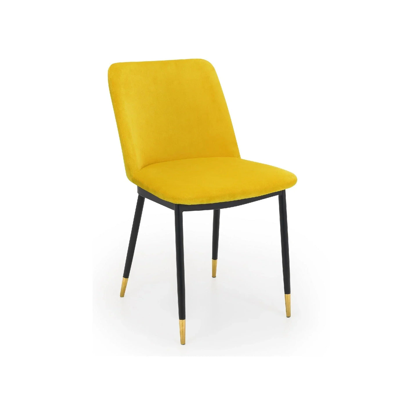 mustard chair with upholstered seat, black metal legs and gold accents on white background
