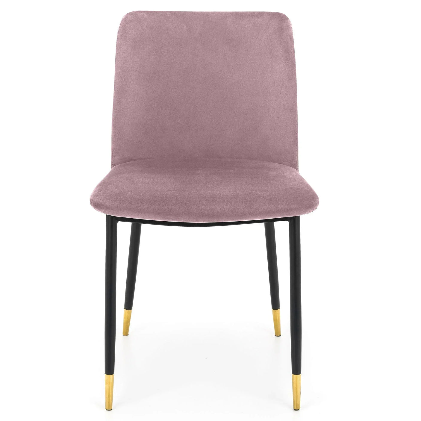 Pink velvet accent chair with black legs and gold tips shown from the front