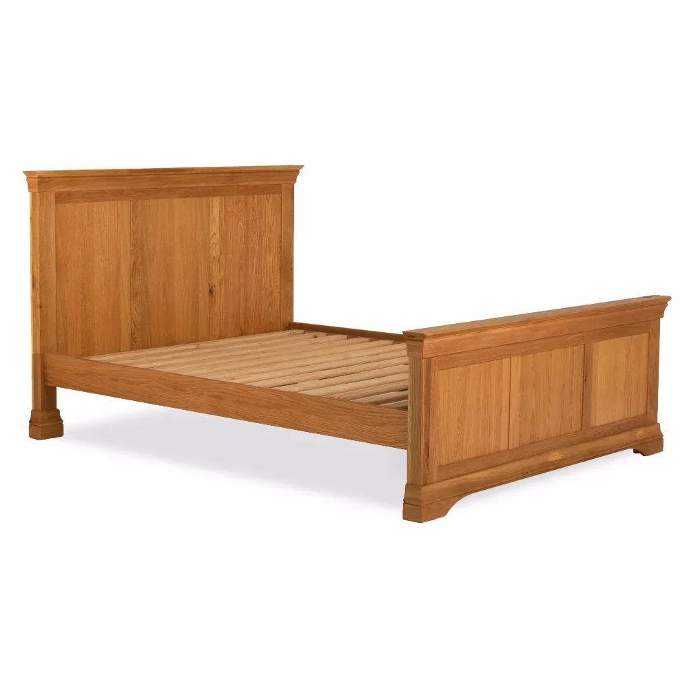 Solid wood double bed frame with high headboard and footboard in oak finish