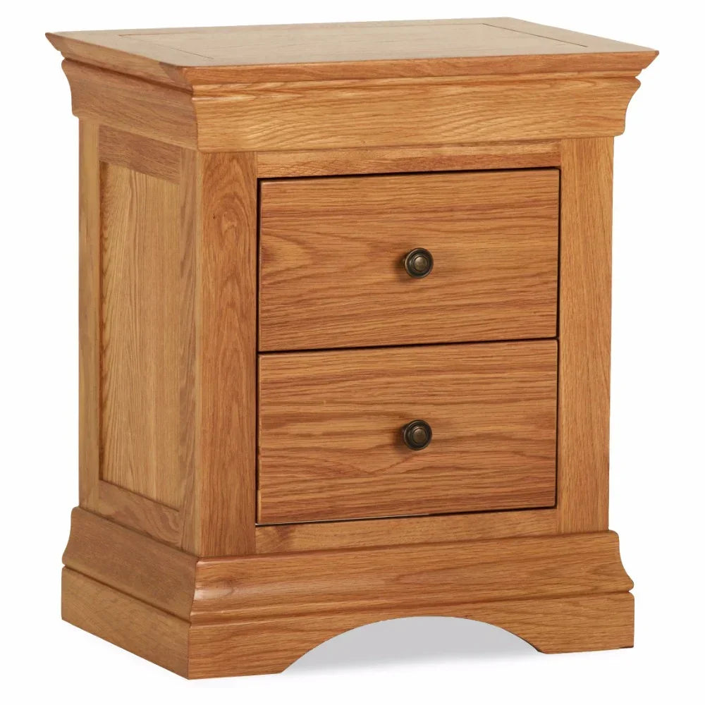 Oak bedside locker with two drawers and metal handles, classic wooden bedroom storage