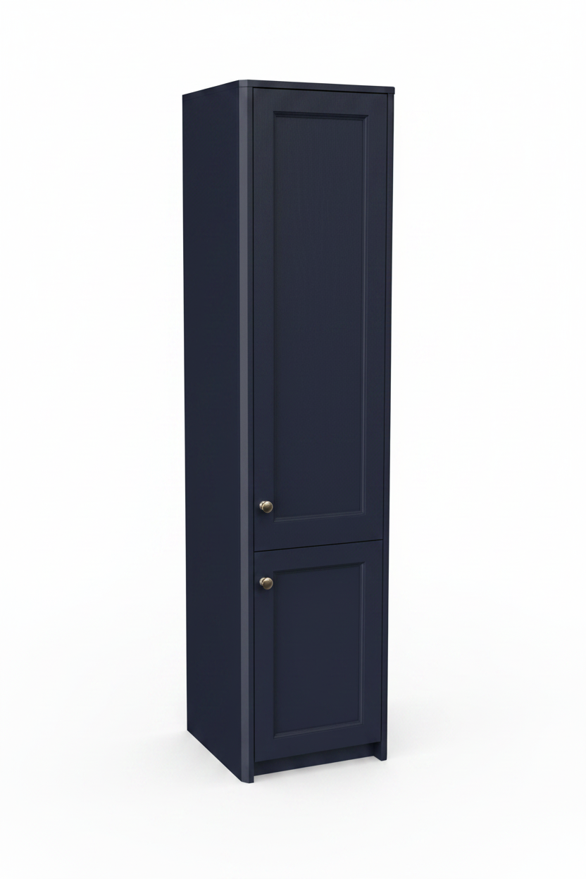 Tall navy blue storage cabinet with two panel doors and chrome handles