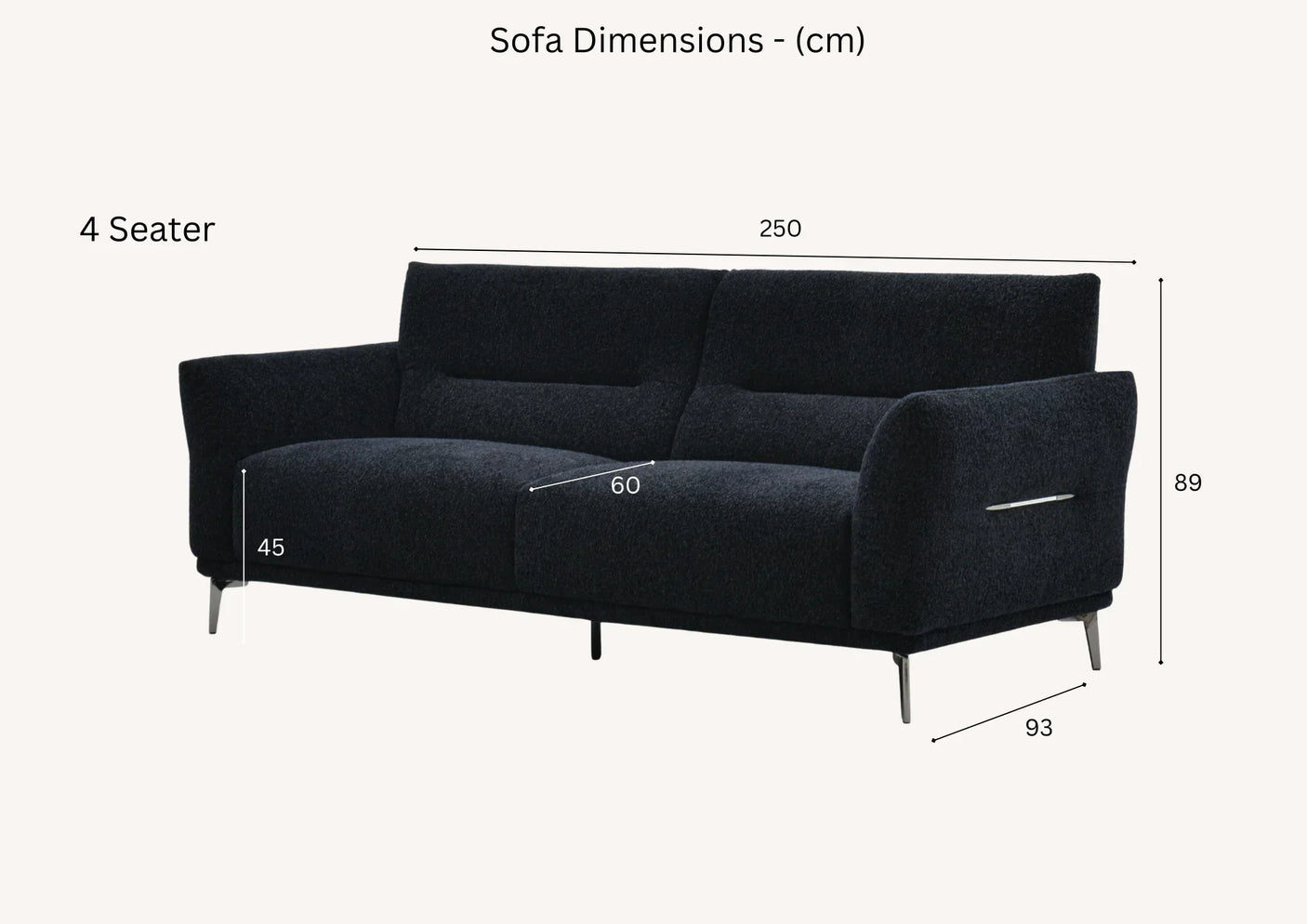 Black 4 seater sofa with metal legs, showing dimensions in cm