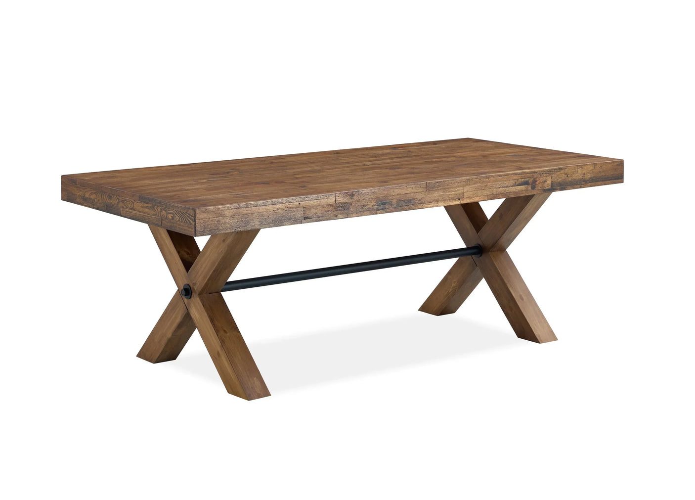 Rectangular wooden dining table with crossed legs and black metal support bar