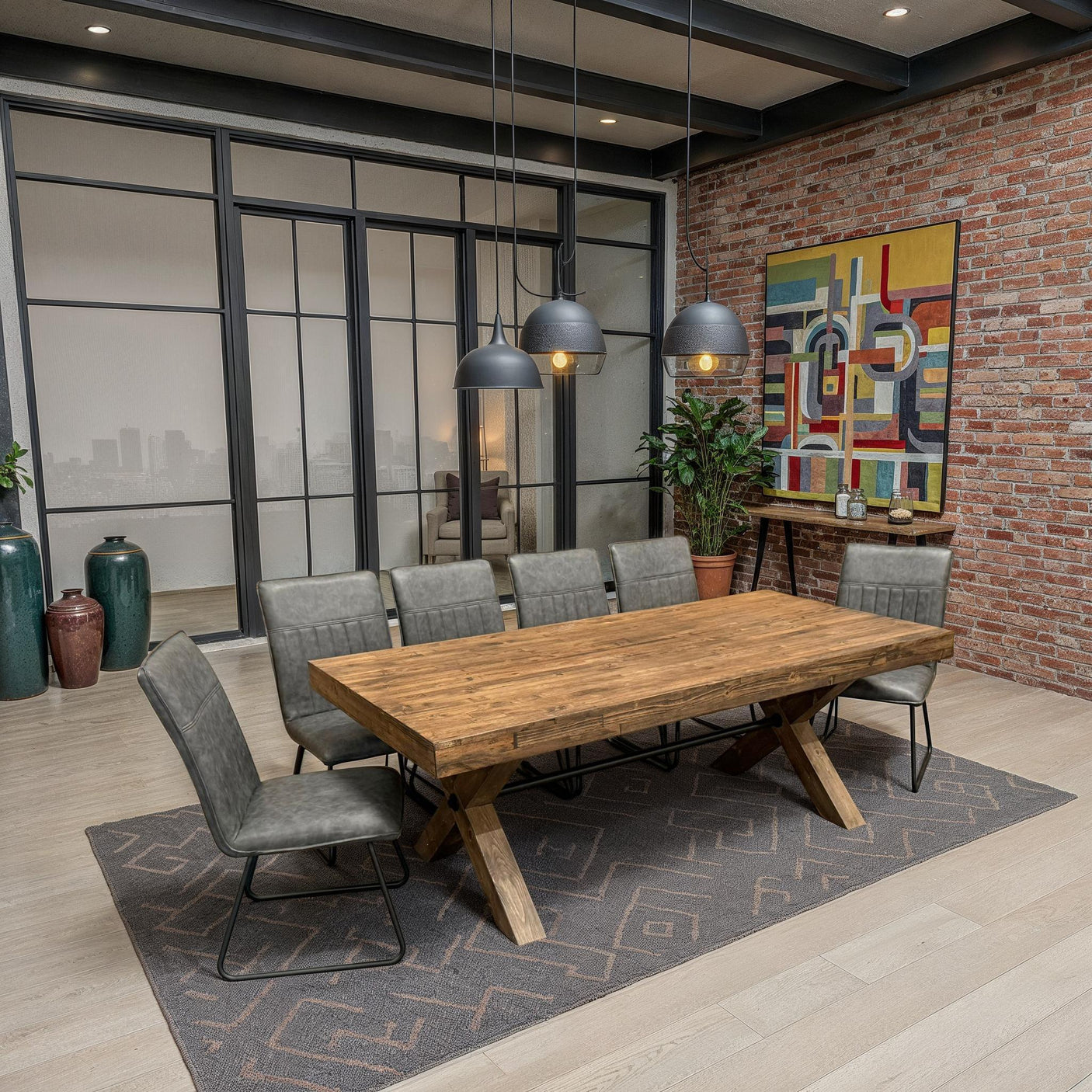 Wooden 2.1m dining table with grey chairs in modern room with pendant lights