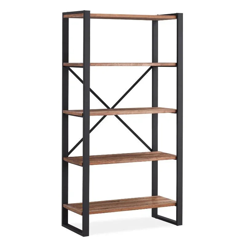Industrial wood bookcase with black metal frame and five shelves, front angle view