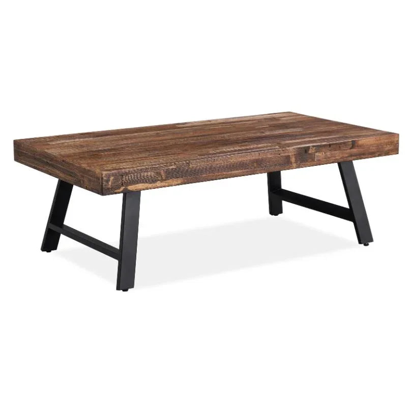 Wooden coffee table with rectangular top and black metal legs on white background
