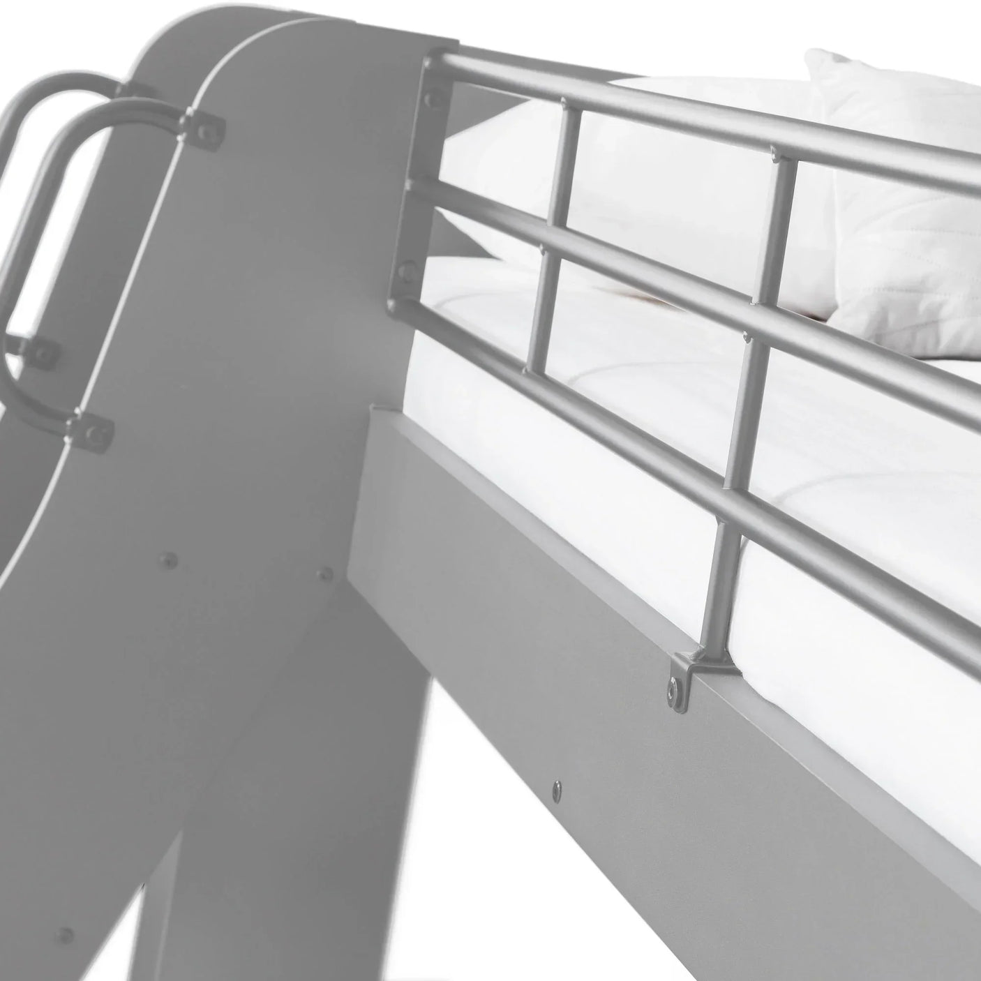 Grey triple sleeper bunk bed with safety rail and white mattress closeup