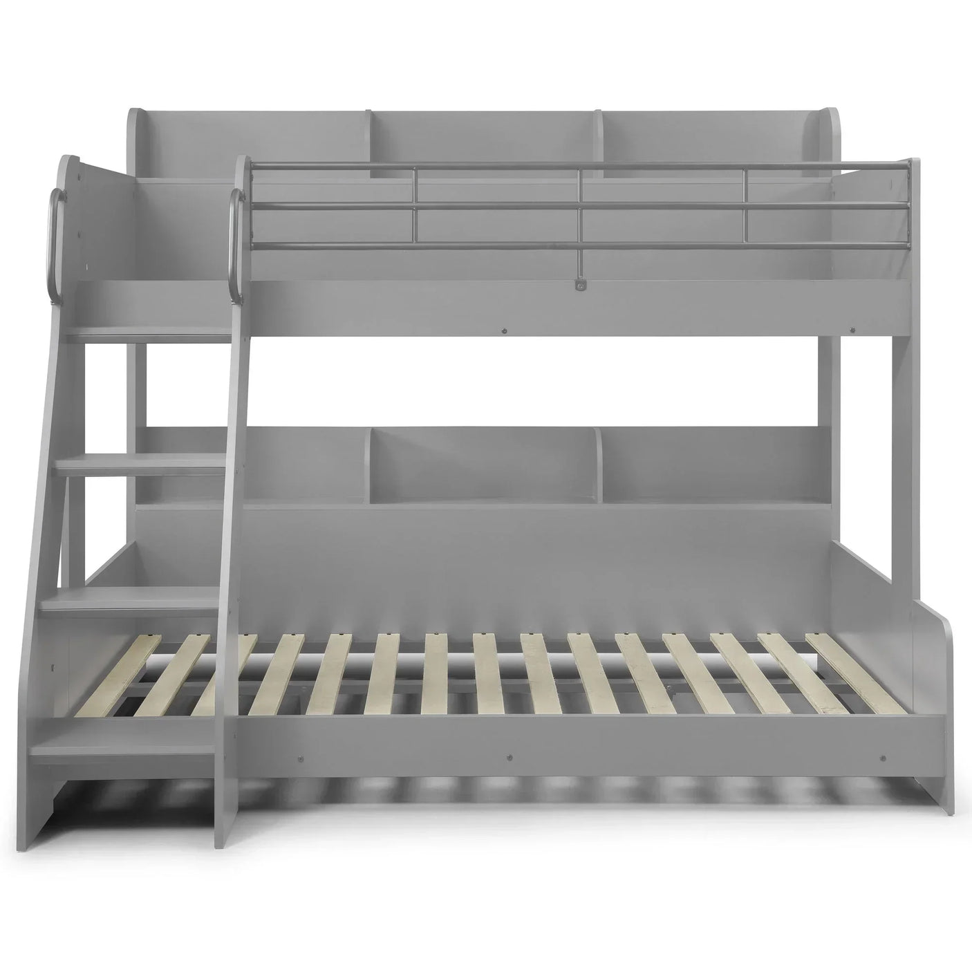 Grey triple sleeper bunk bed with built-in ladder and storage shelves, front angle view