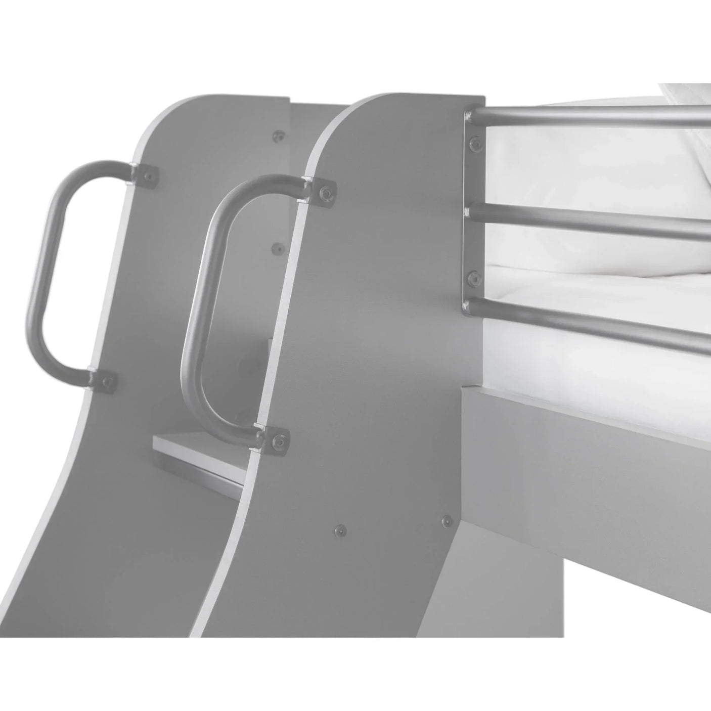 Grey triple sleeper bed with metal rail and stair handles, close-up of ladder feature