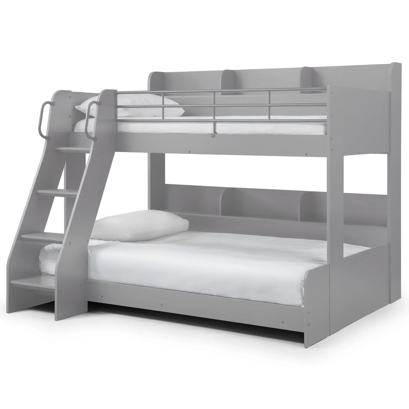 Grey triple sleeper bunk bed with angled ladder and integrated shelving, white bedding shown
