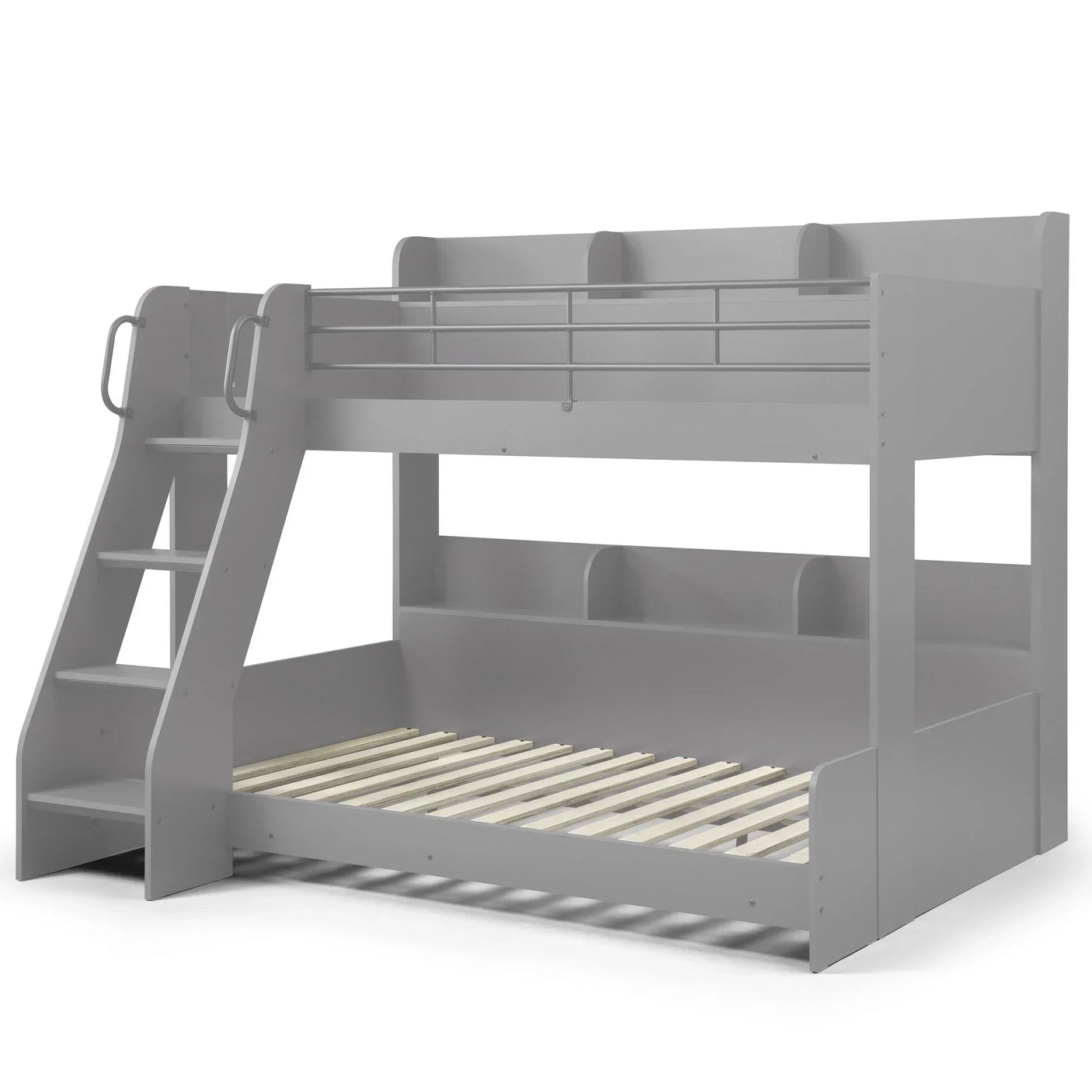 Grey triple sleeper bunk bed with stairs and wooden slats, front angle view