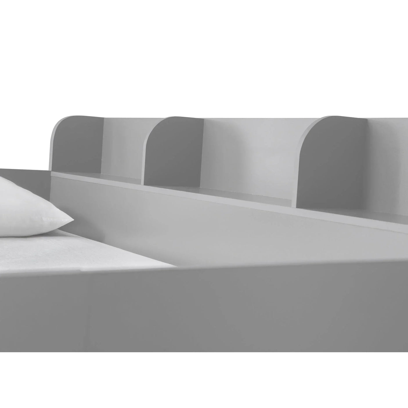 Grey wood triple sleeper bed with top shelf storage compartments, close-up view