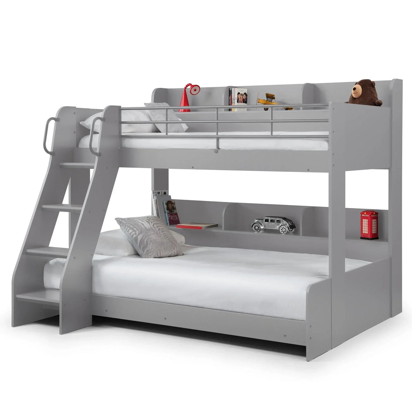 Grey triple sleeper bunk bed with shelves, angled ladder and bedding, front view