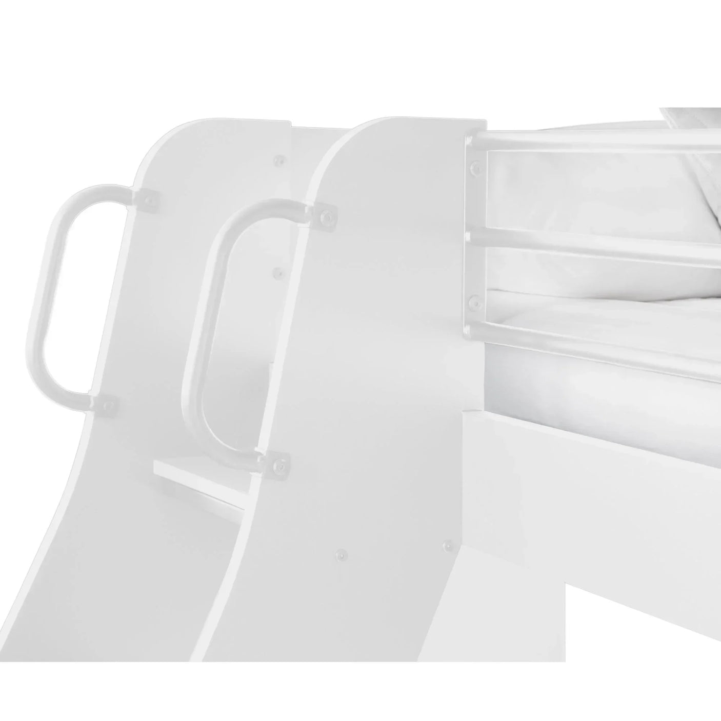 White triple sleeper bunk bed handle and safety rail close-up