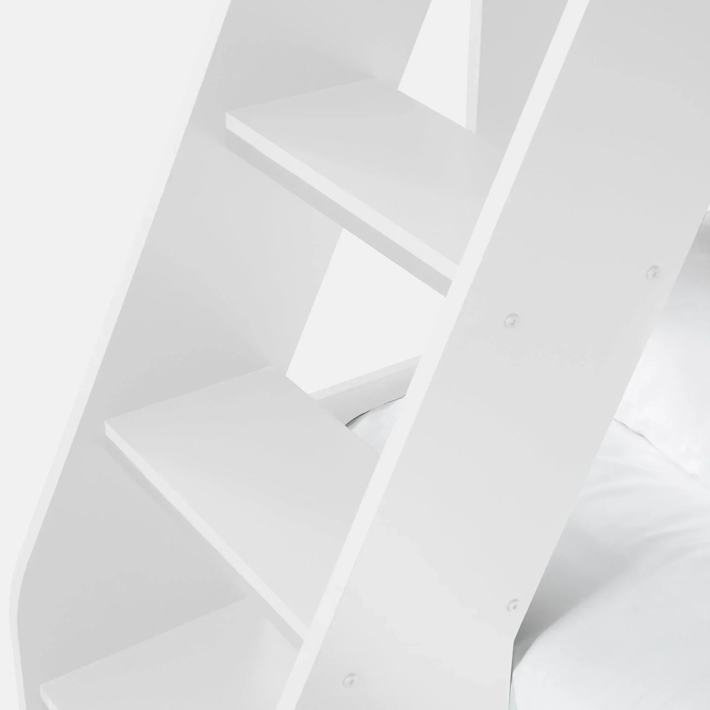 White wooden triple sleeper bunk bed ladder with angled steps close-up