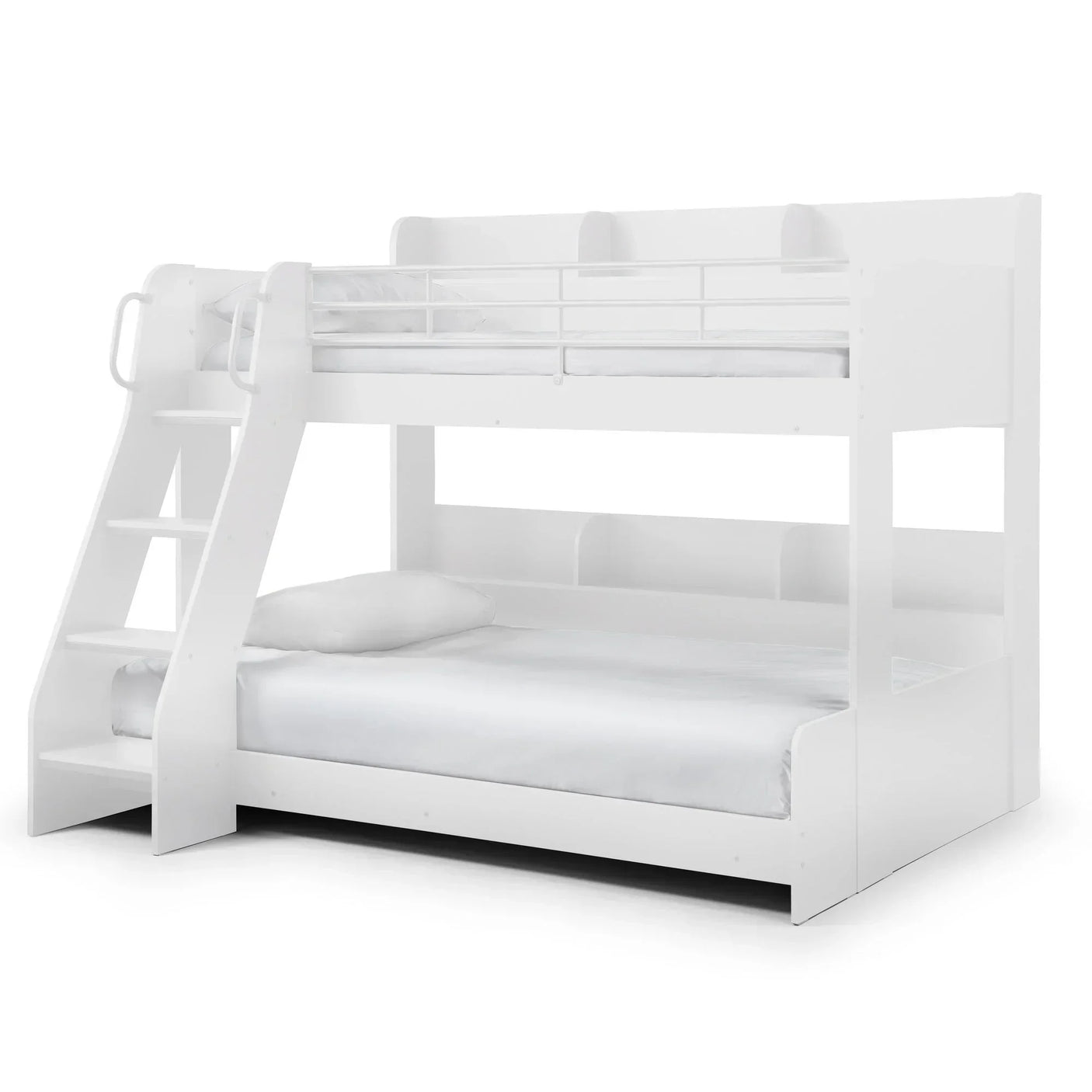 White wooden triple sleeper bunk bed with angled ladder and safety rails