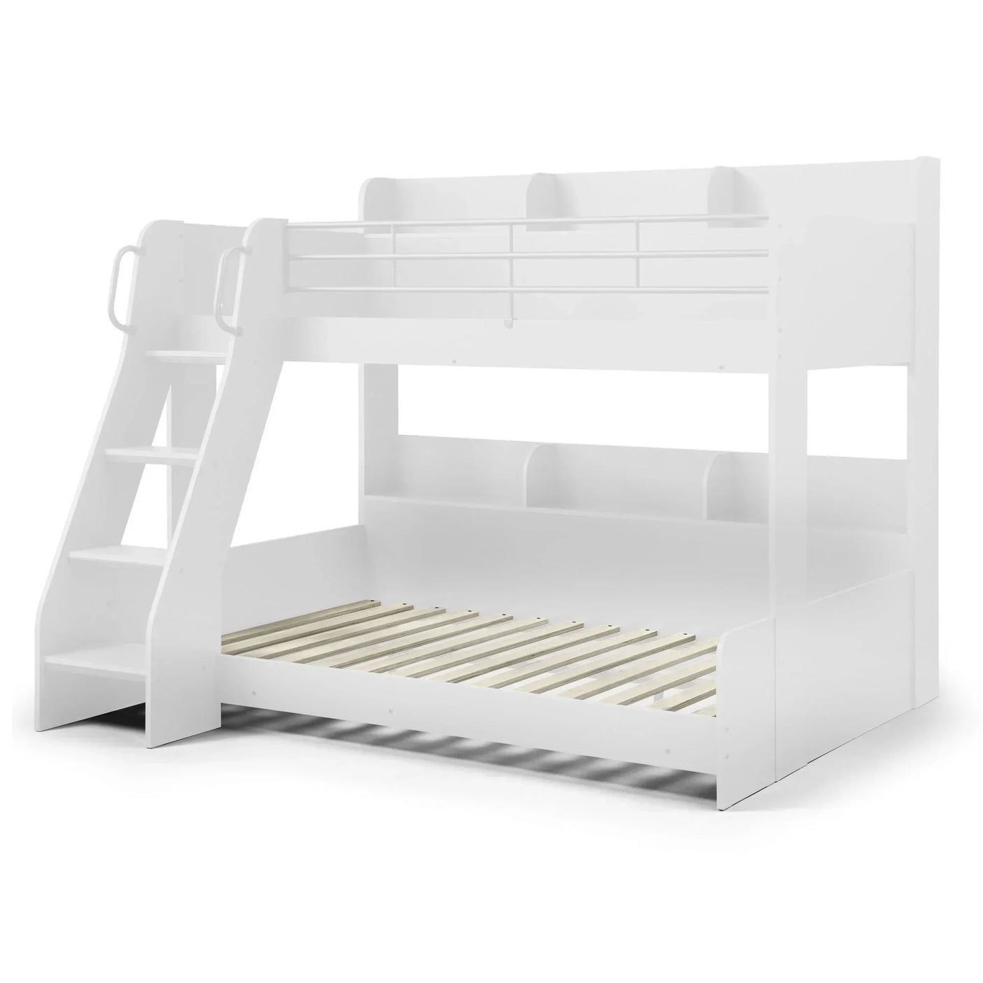 White triple sleeper bunk bed with ladder and safety rail, shown from front angle