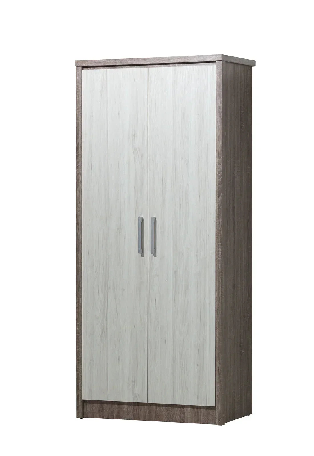 Double wardrobe with light wood doors and dark wood frame, silver handles, front angle
