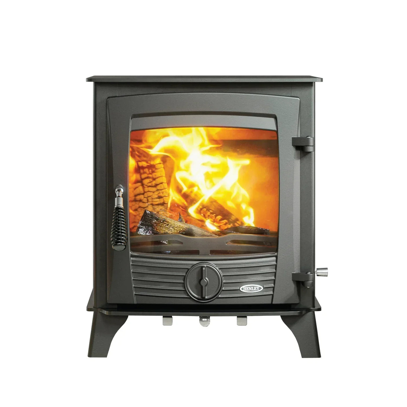 Black wood burning stove with glass door showing flames and burning logs