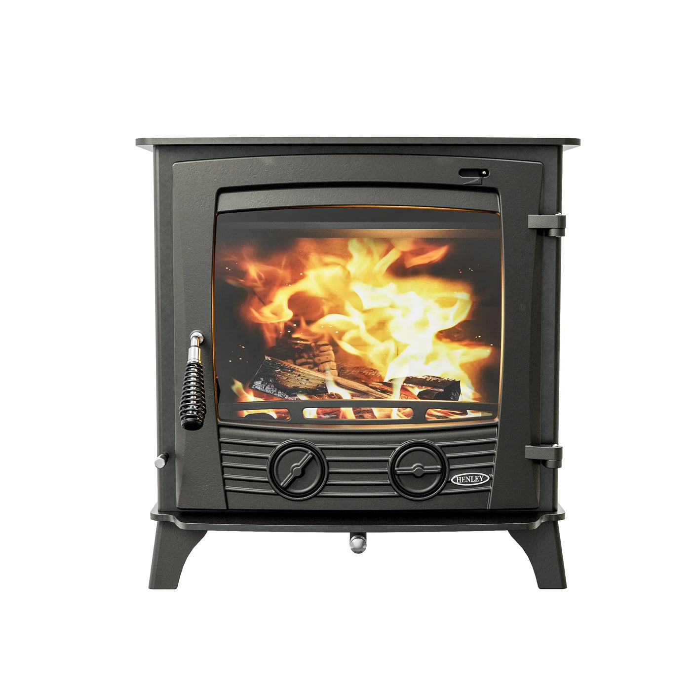 Black wood burning stove with visible fire and glass front panel