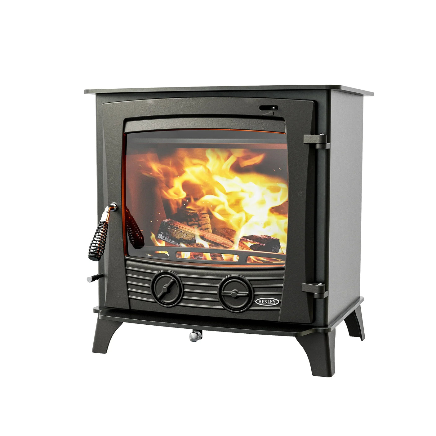 black wood burning stove with glass door showing flames and logs, side view