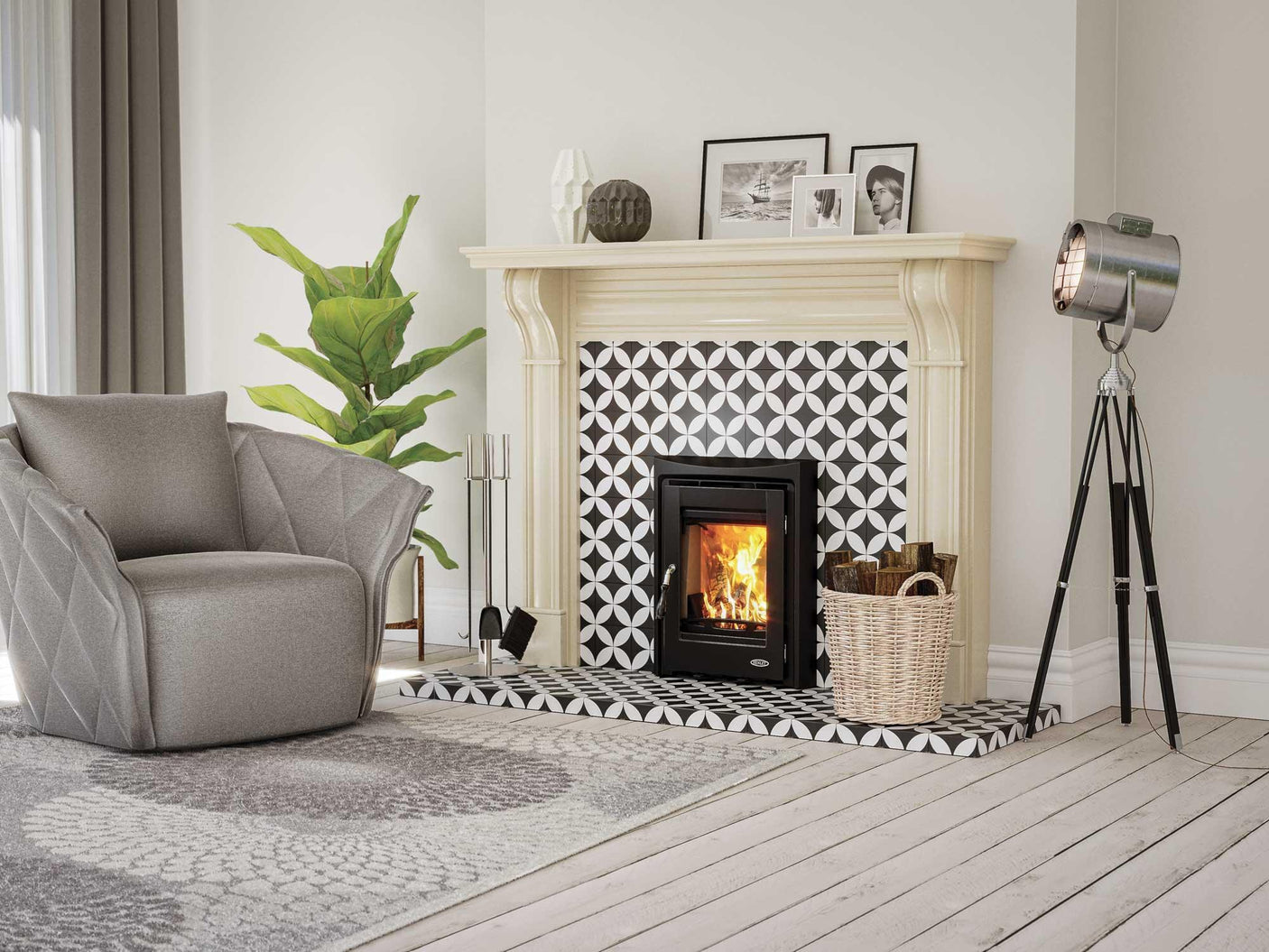 Cream corbel fireplace with patterned tiles and stove in modern living room