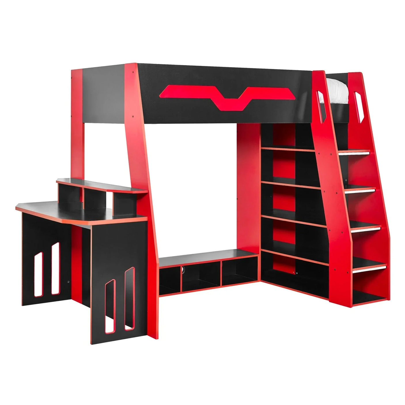 Red and black loft bunk bed with built-in desk, shelving, and storage stairs