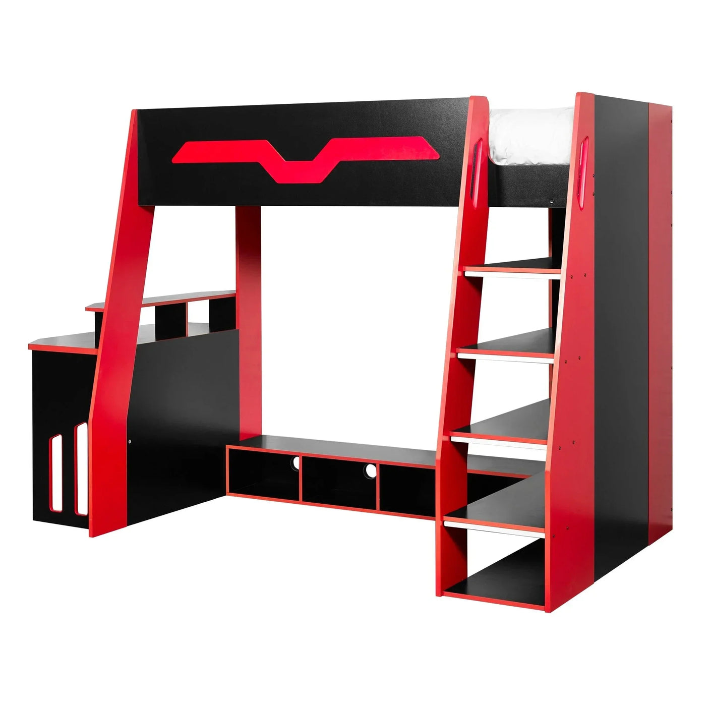 Black and red bunk bed with desk, open shelving, steps and storage compartments