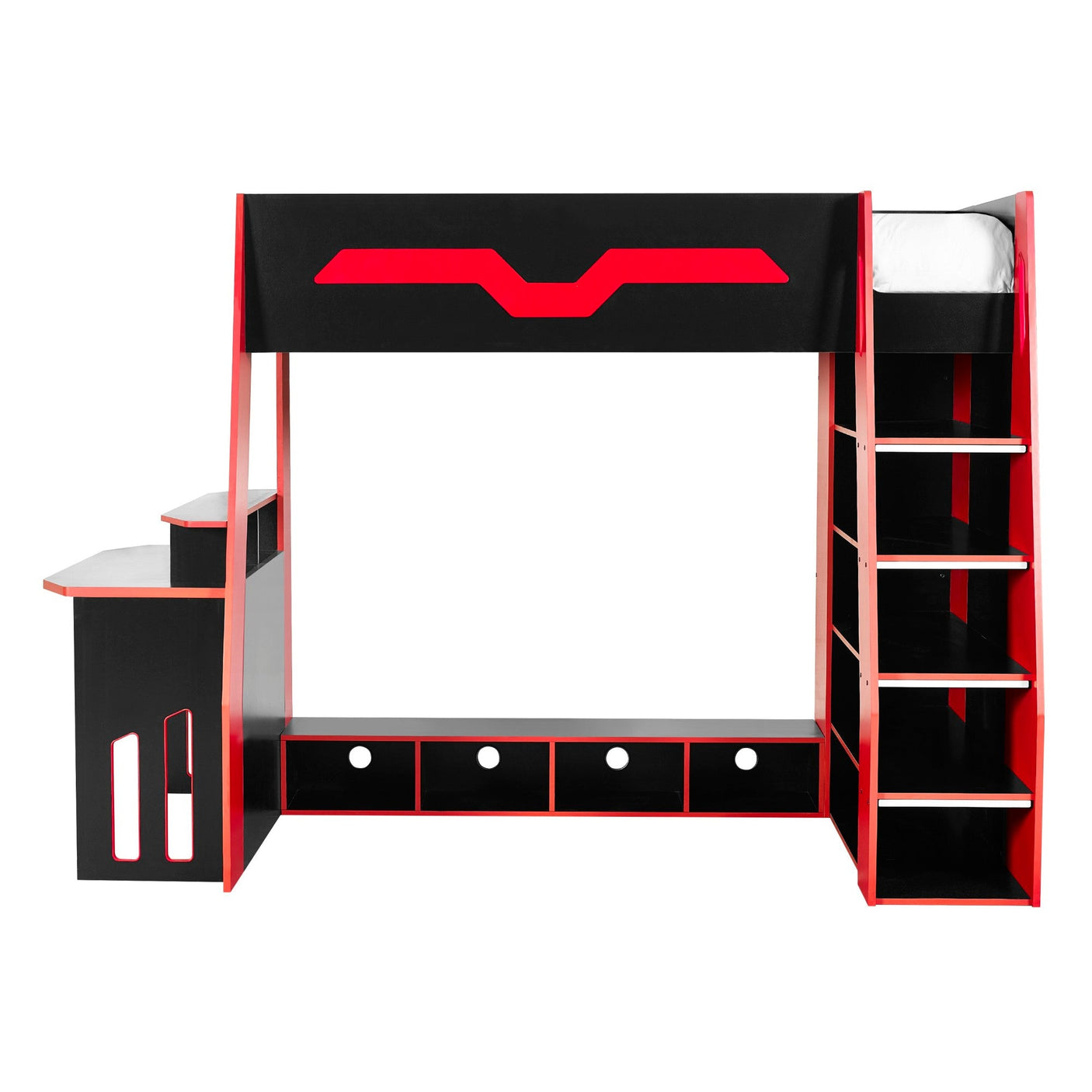Black and red kids bunk bed with built-in ladder, desk, and open storage shelves