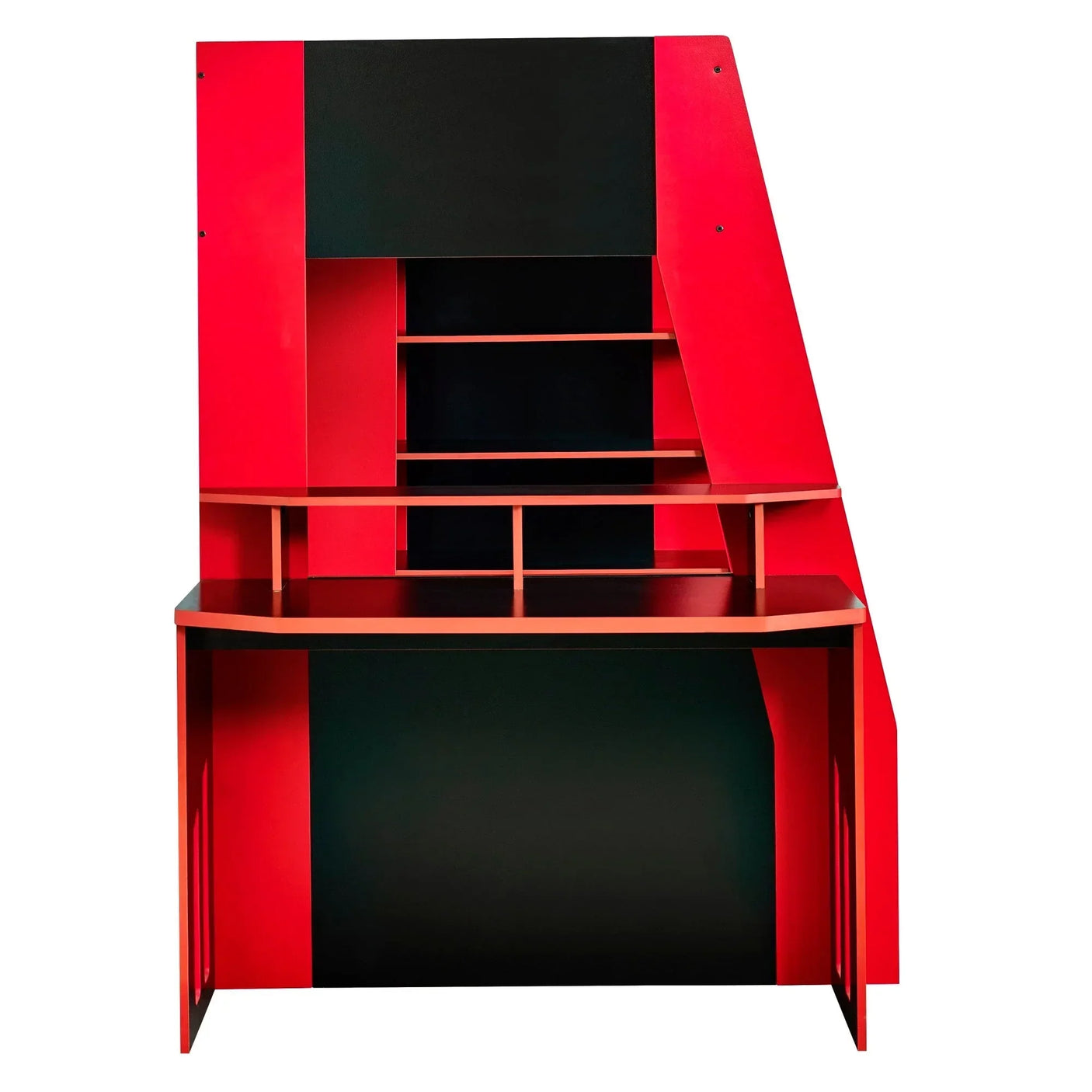 Red and black gaming desk with shelving and raised monitor shelf, straight front view