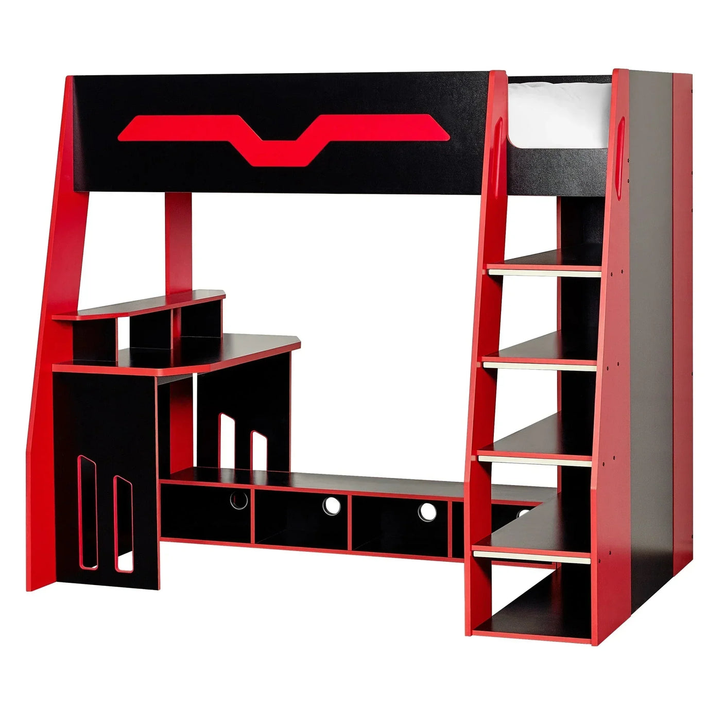 Black and red kids loft bed with built-in desk, shelves, and storage ladder