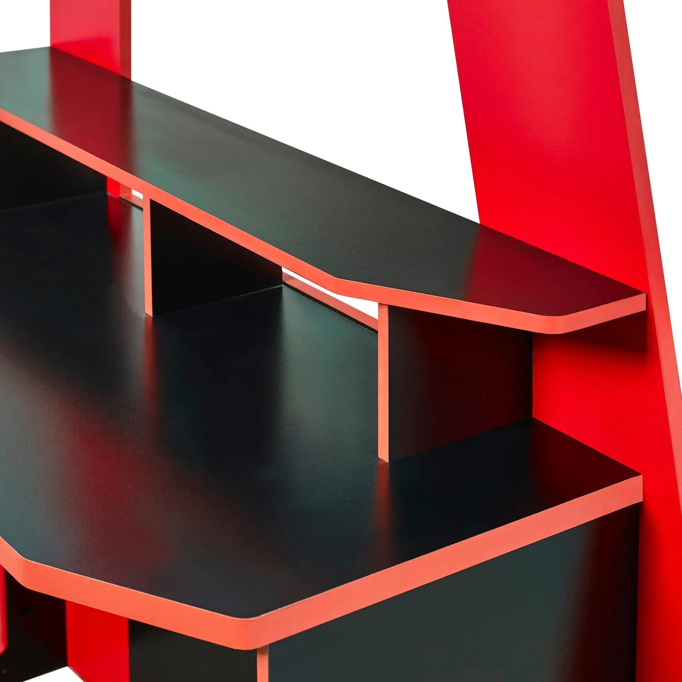 Contemporary black and red shelving unit with angled sides and open storage shelves
