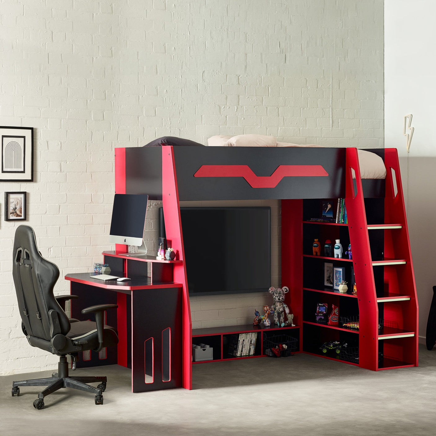 Red and black gaming bunk bed with built-in desk, shelving, and storage in modern bedroom