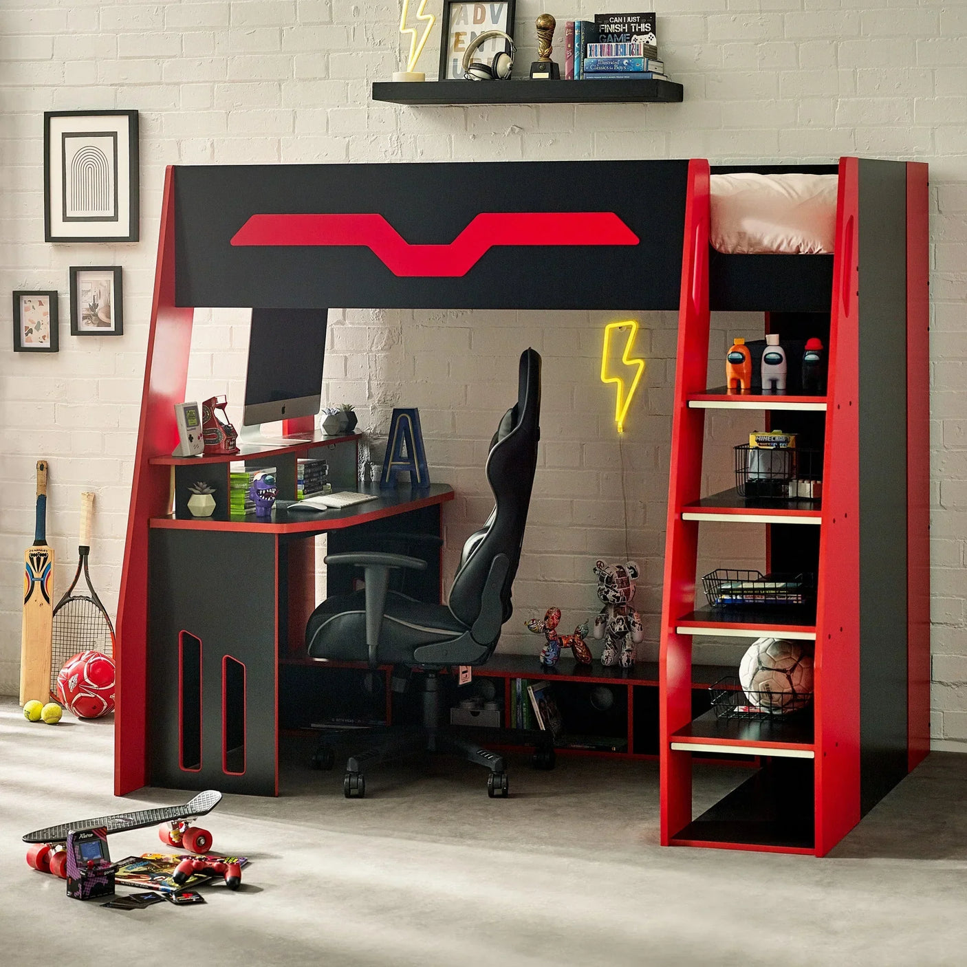 Black and red kids gaming bunk bed with desk, chair, shelf and storage ladder