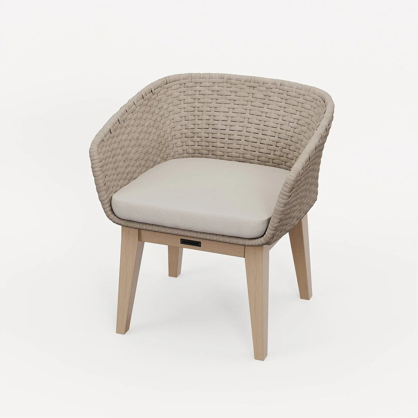 Beige woven rattan dining chair with light wood legs and cushioned seat on white background