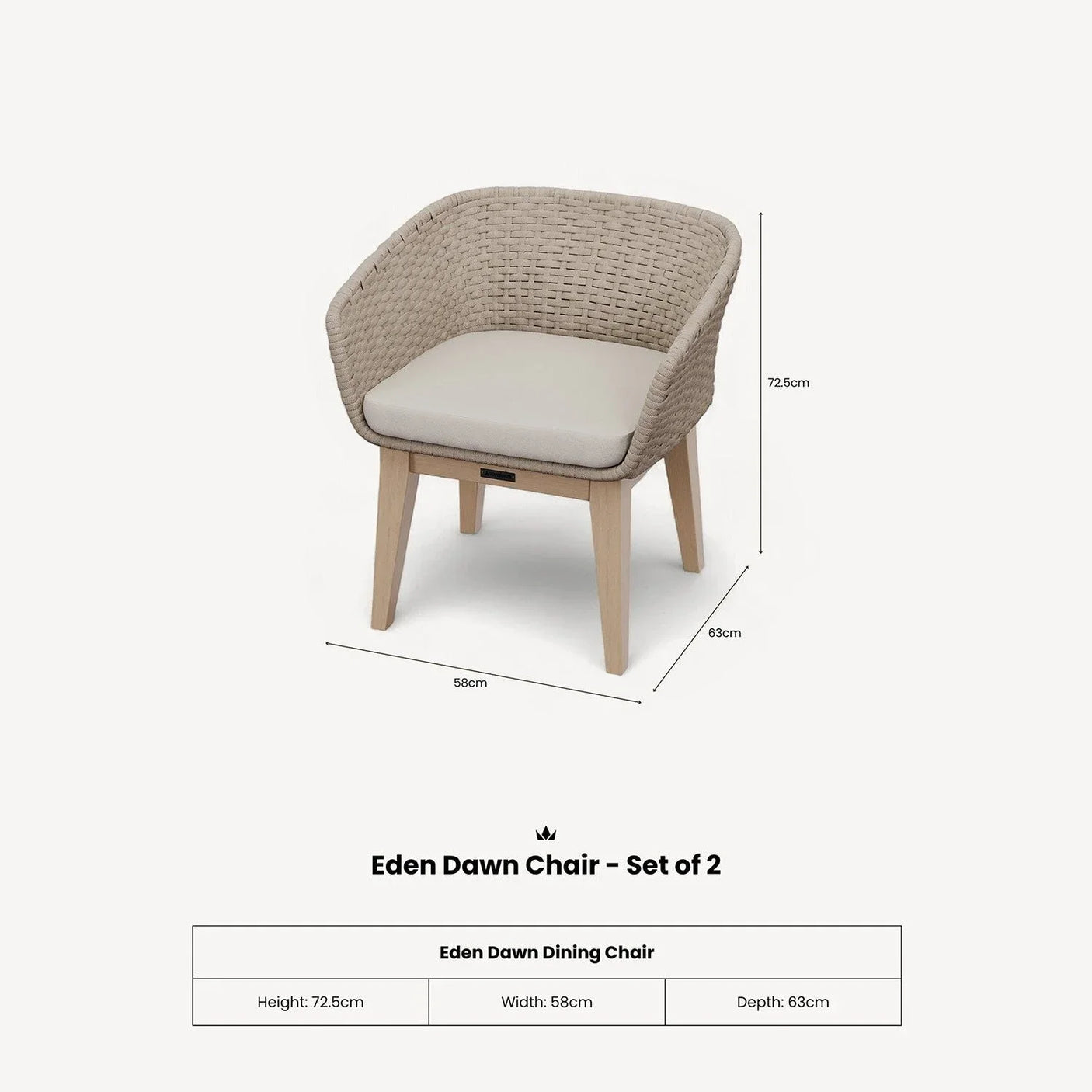 Eden Dawn dining chair with beige woven back, padded seat and light wood legs, shown with dimensions