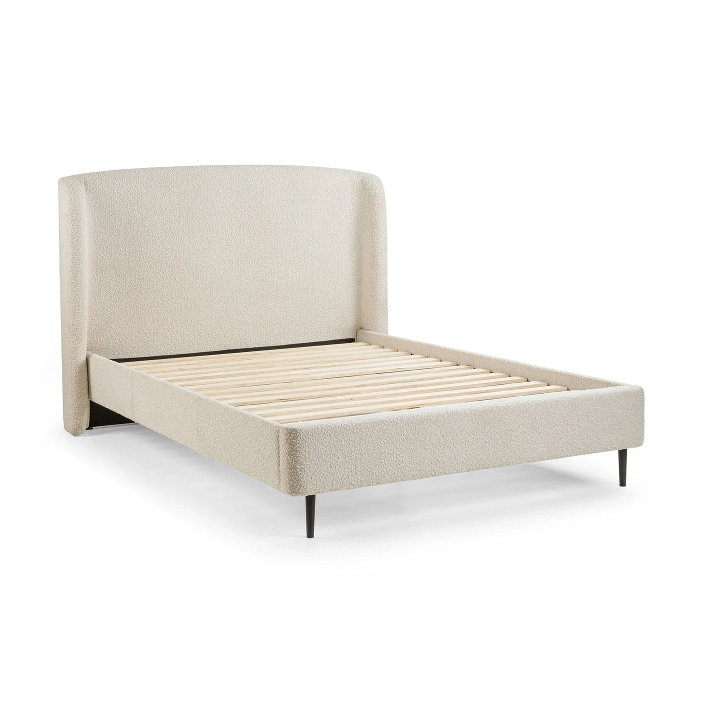 Ivory boucle double bed frame with slatted base and high headboard