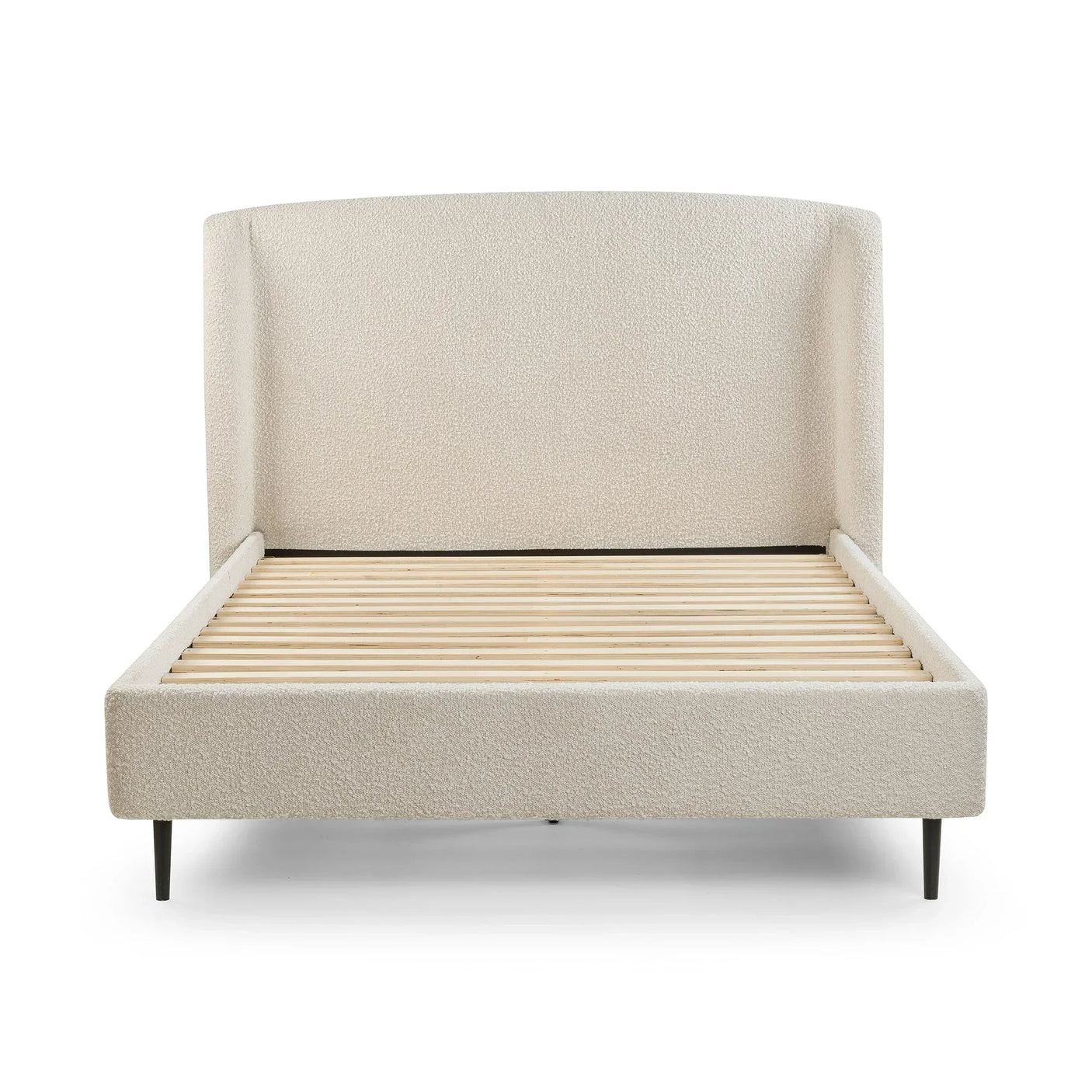 Ivory boucle double bed frame with tall headboard and wooden slats, front view