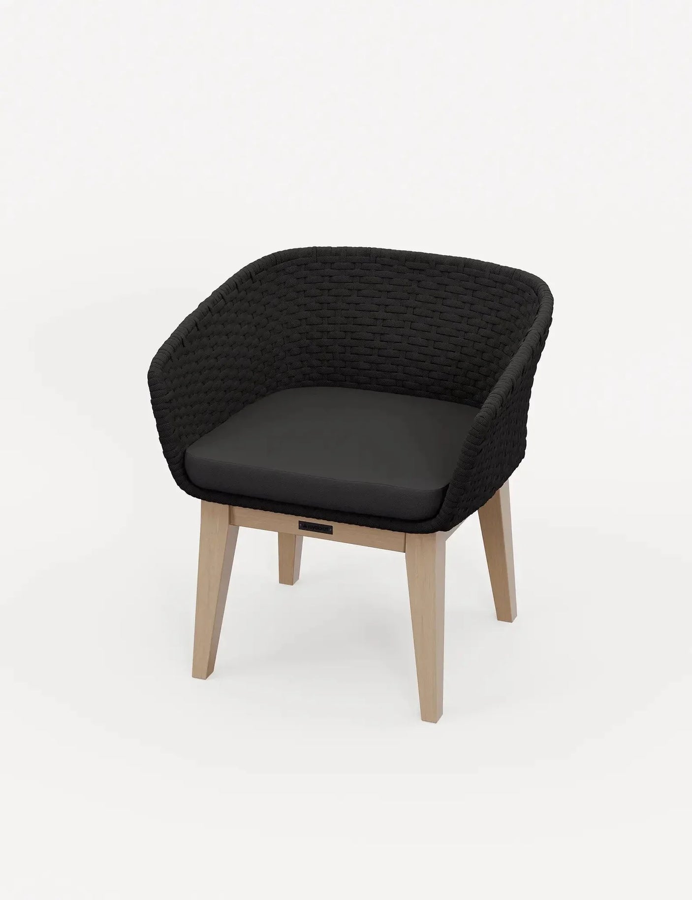 Black woven armchair with cushioned seat and light wood legs on white background