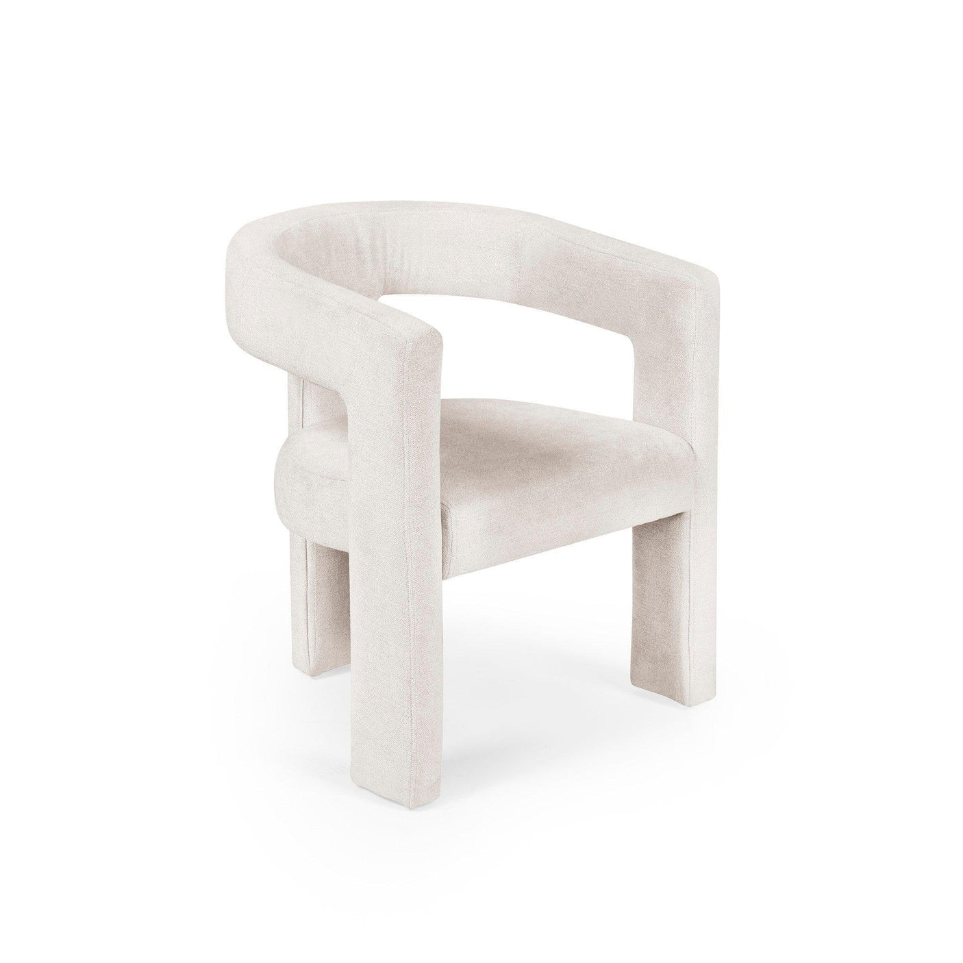 Modern beige accent chair with curved backrest and upholstered seat on white background