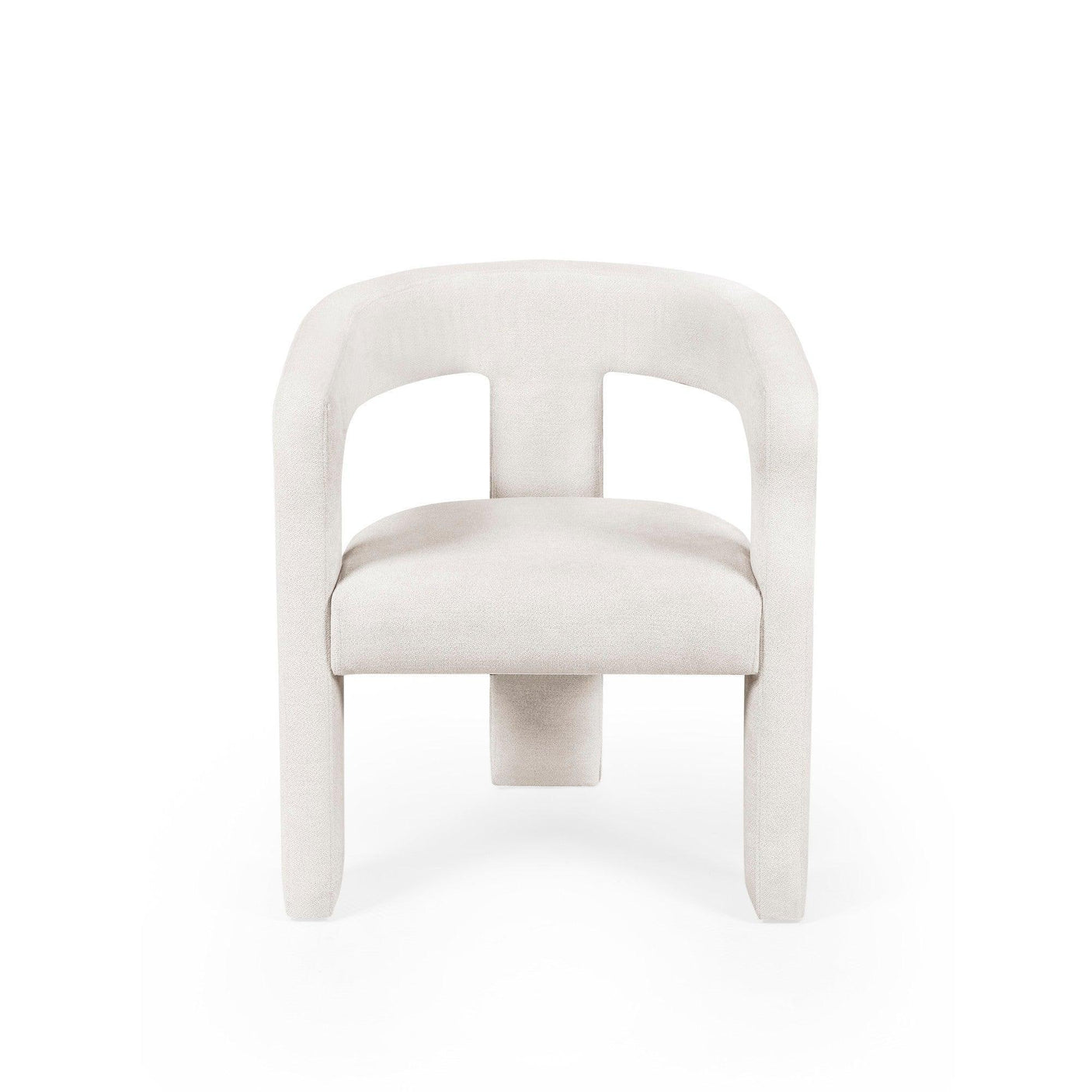 Modern cream accent chair with curved backrest and upholstered seat, front view