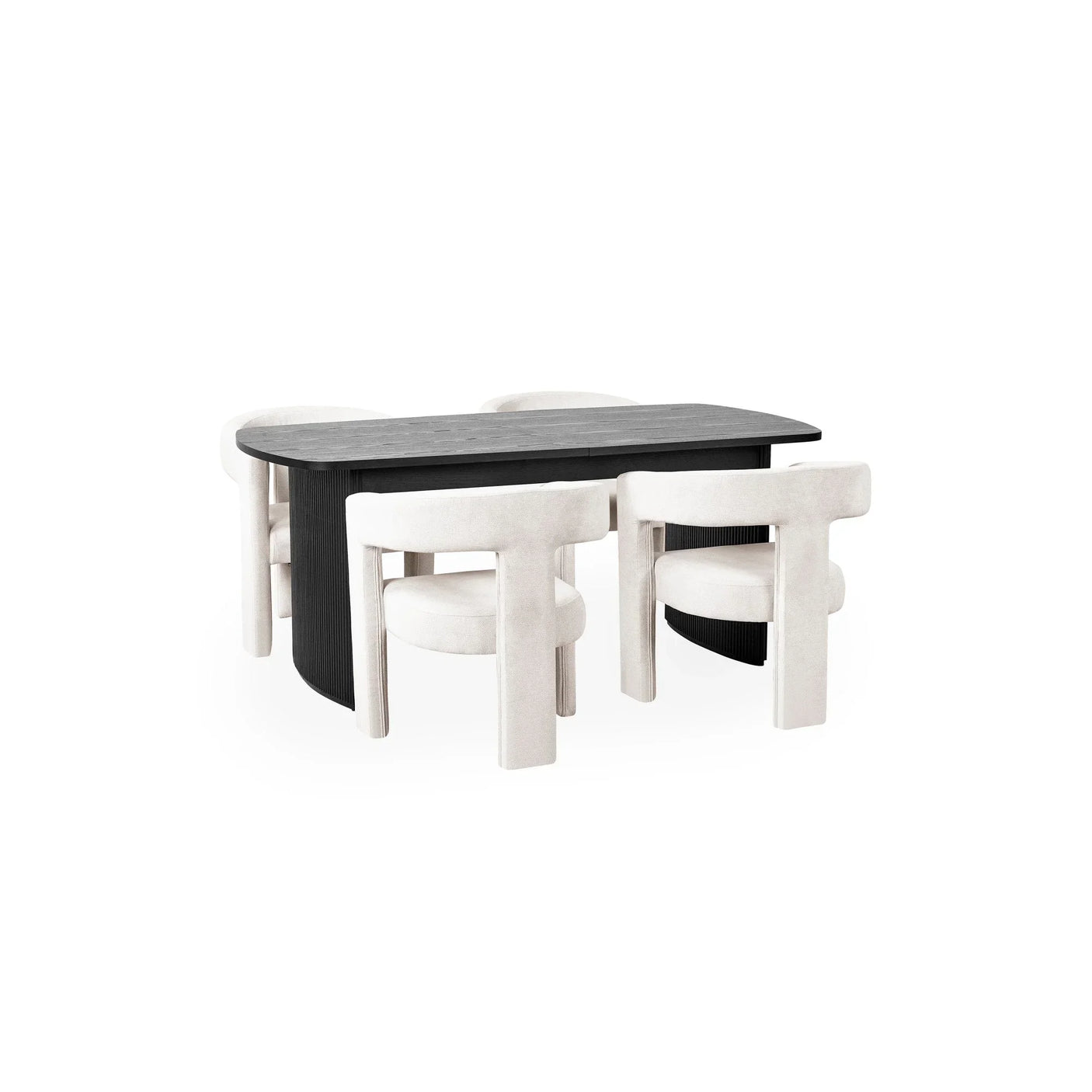 Modern black dining table set with four cream upholstered dining chairs