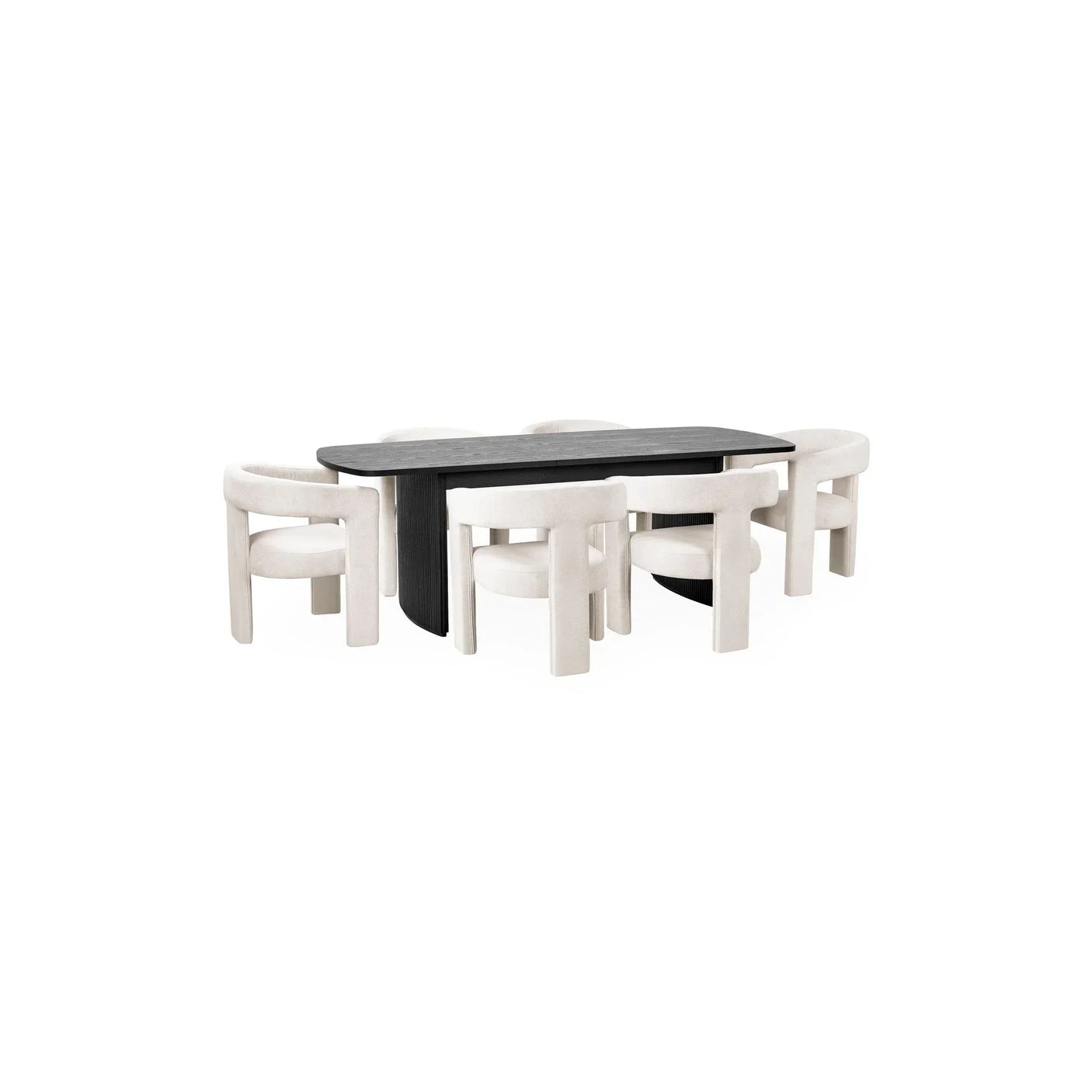 Black dining table with six modern cream upholstered chairs on white background