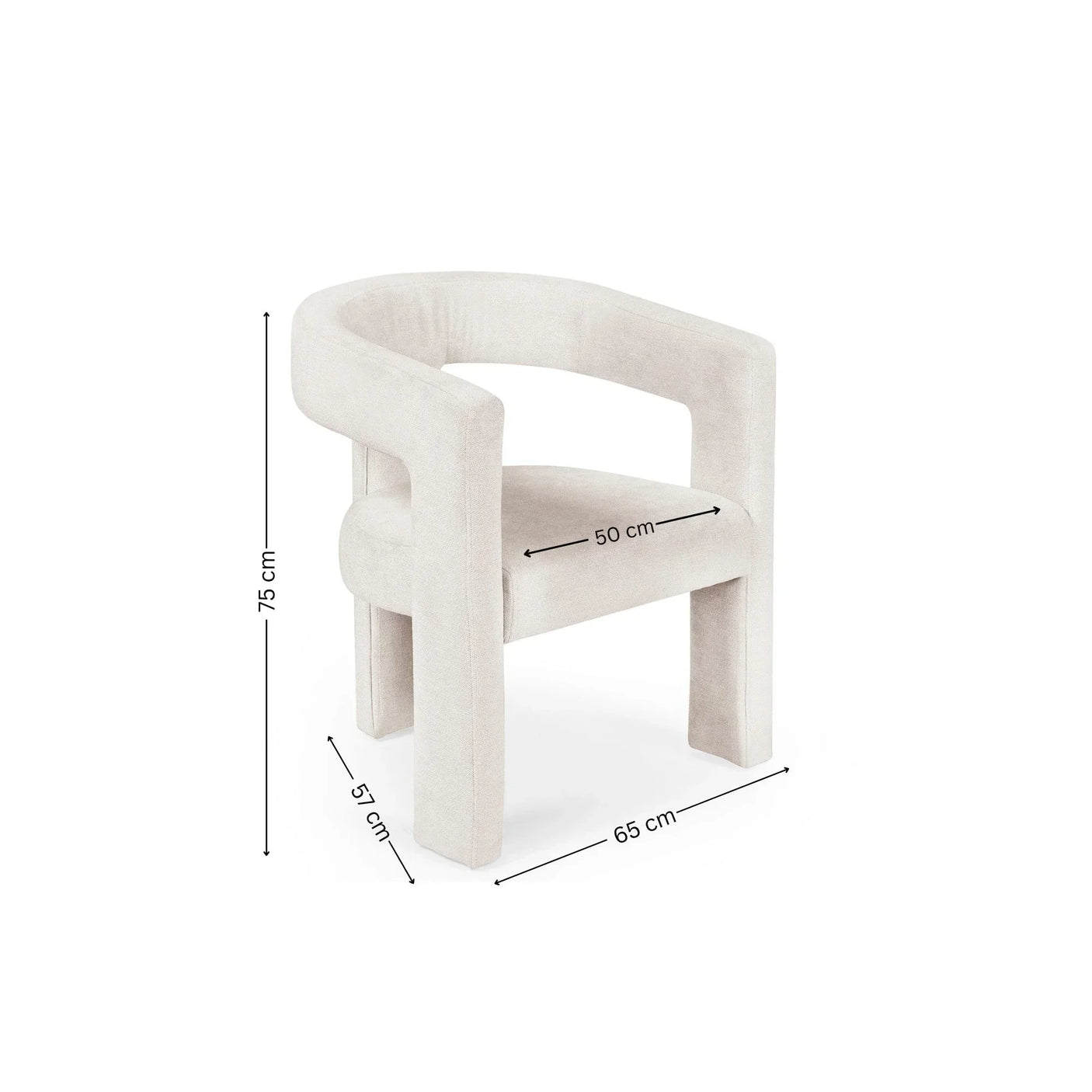 Cream accent chair with curved backrest and measurements in centimeters