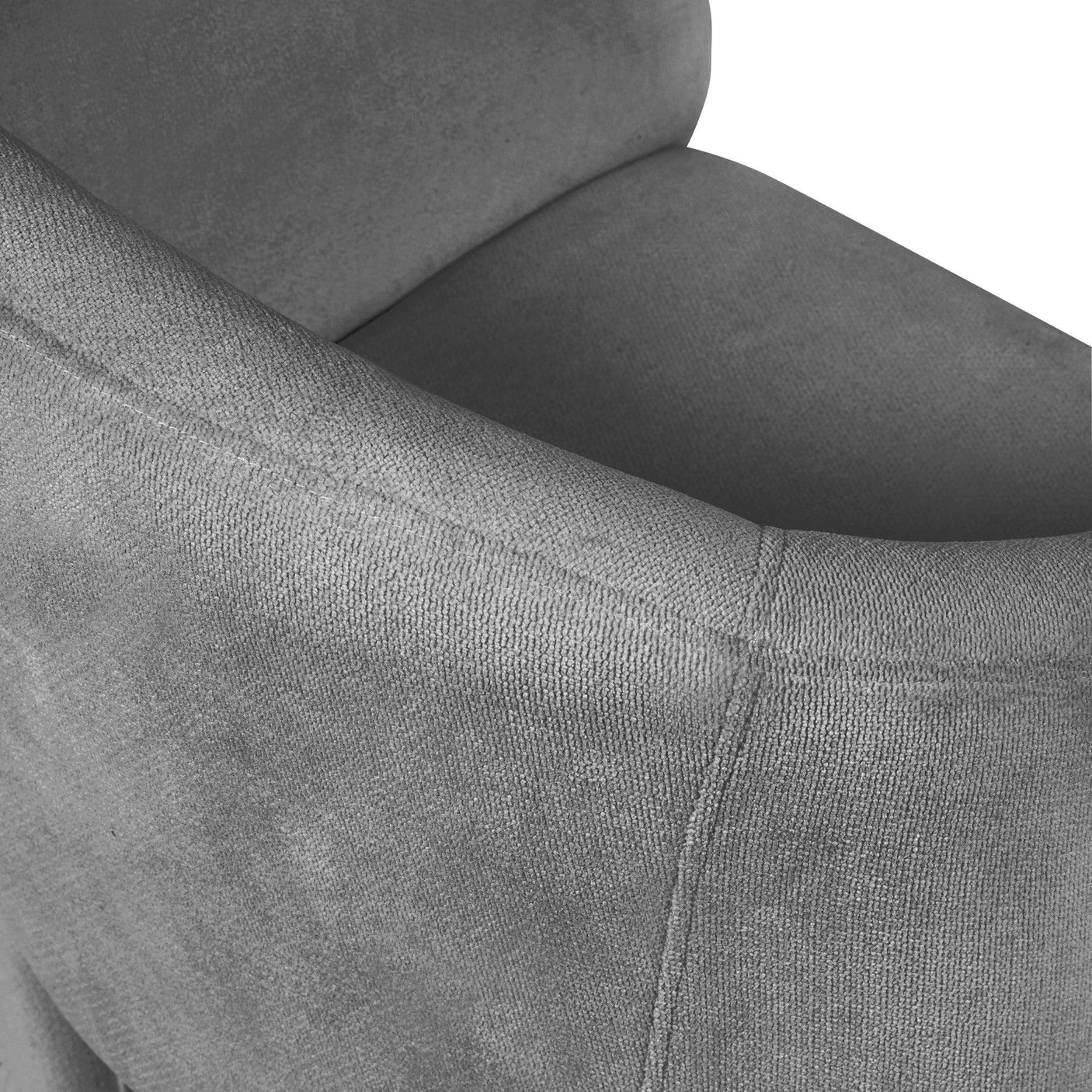 Close-up of grey fabric armchair upholstery and curved backrest