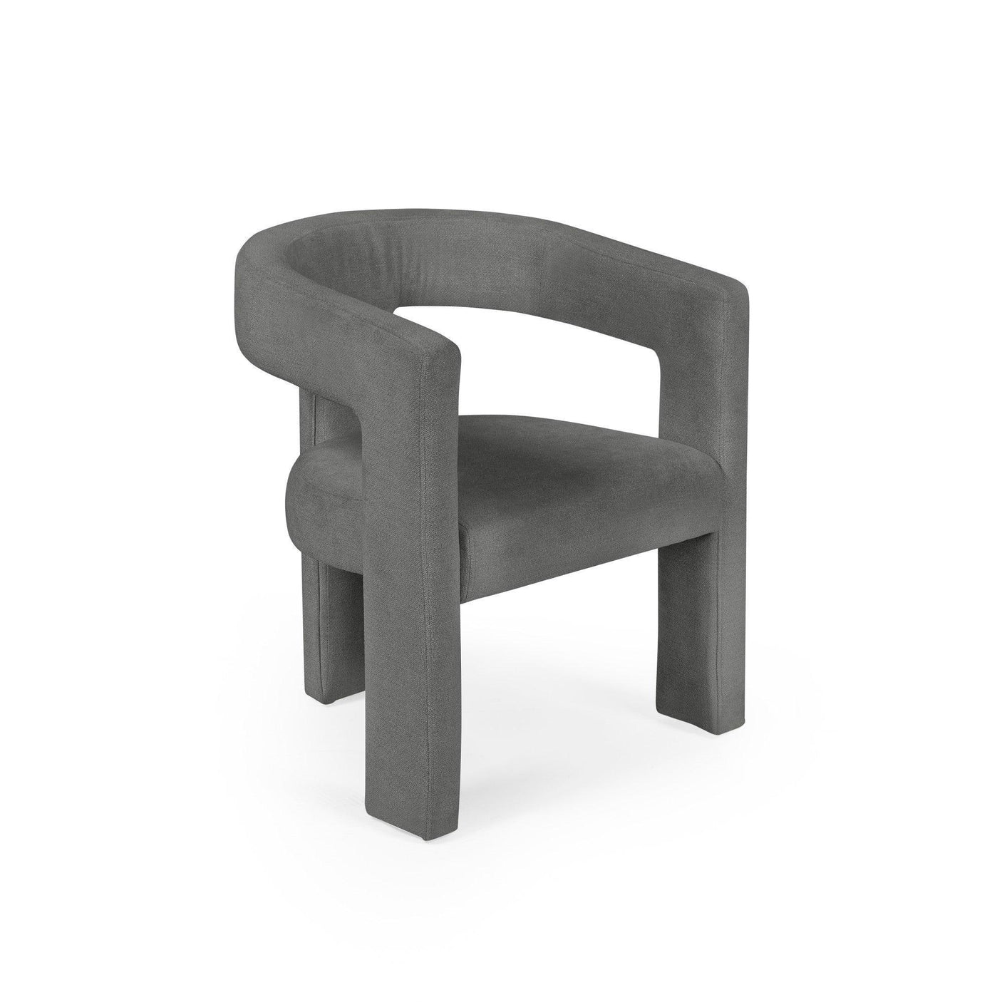 Modern grey fabric accent chair with rounded backrest and padded seat on white background