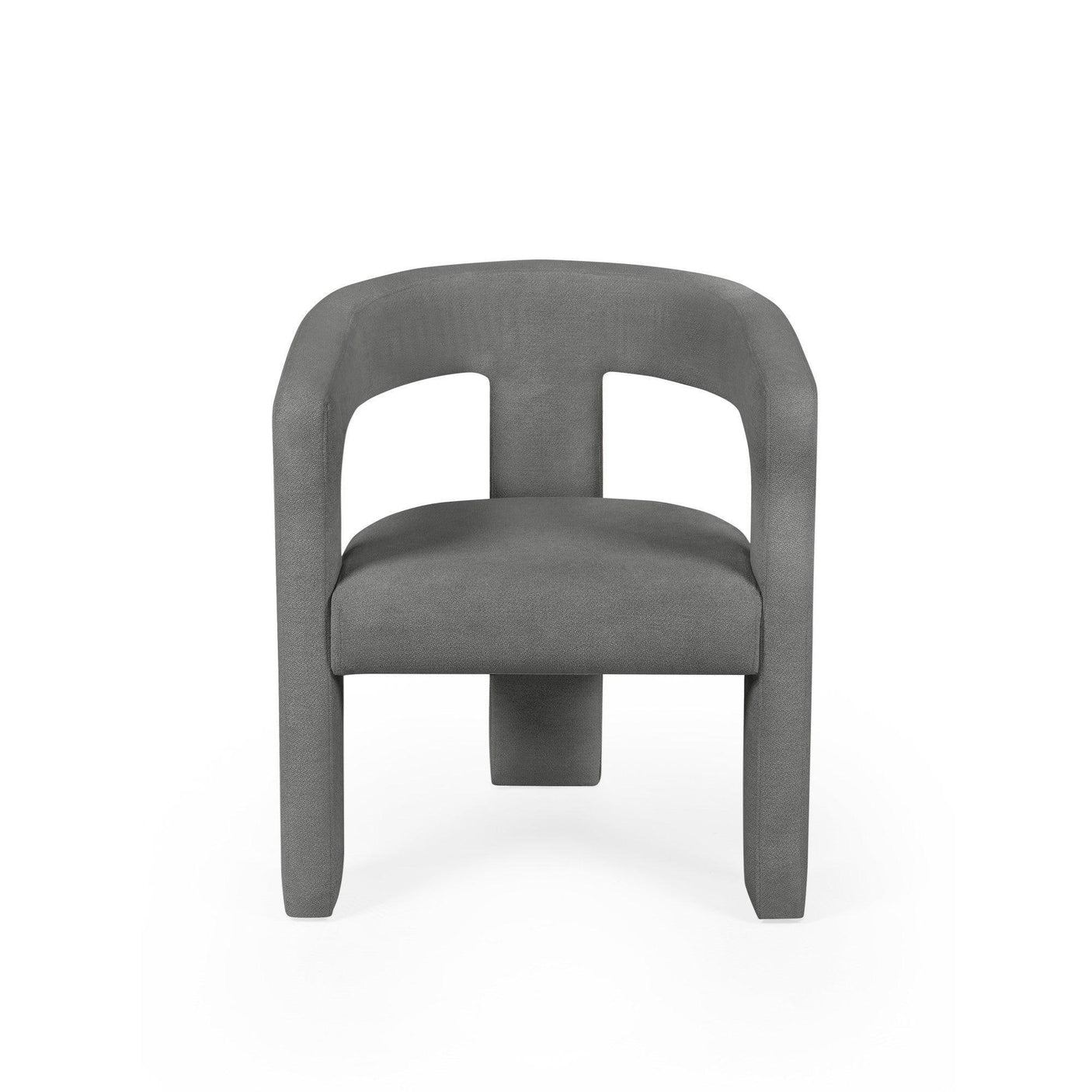 Grey fabric accent chair with curved back and modern legs, front view