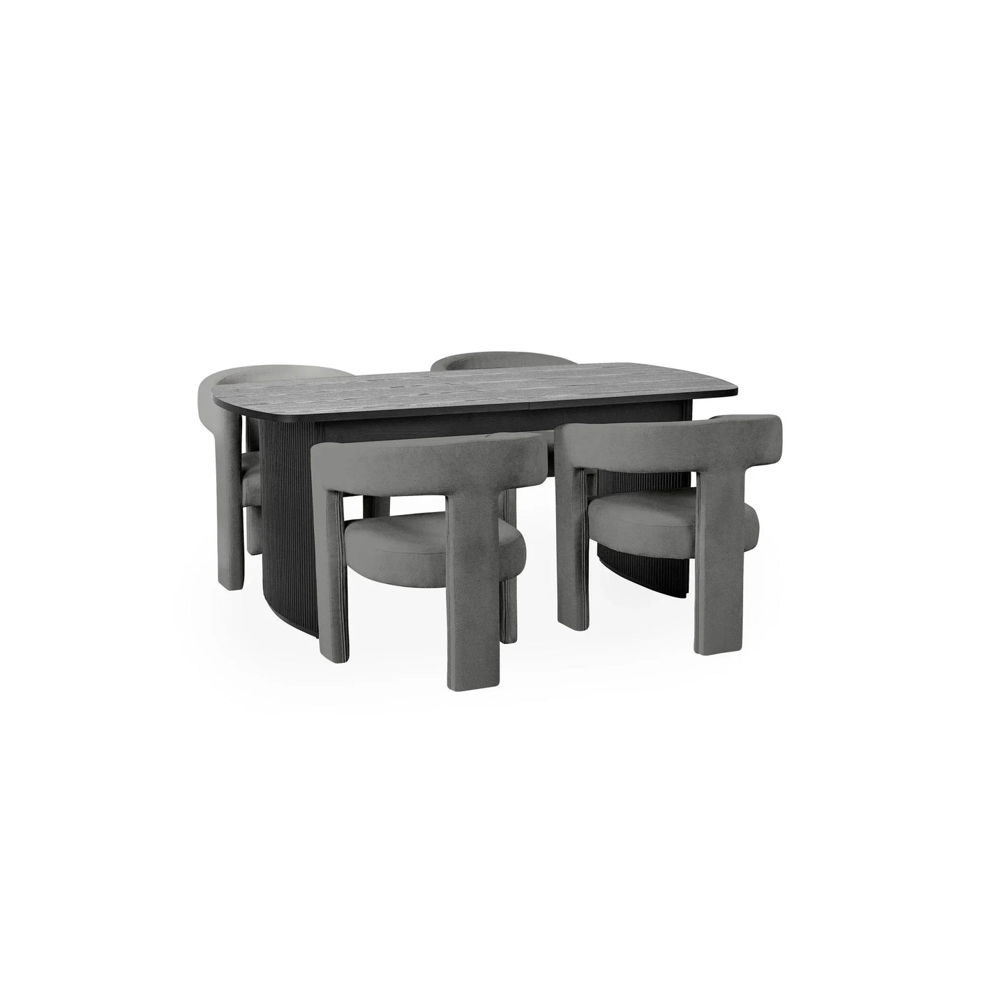 Modern grey dining table with four matching upholstered chairs, oval shape, minimalist design
