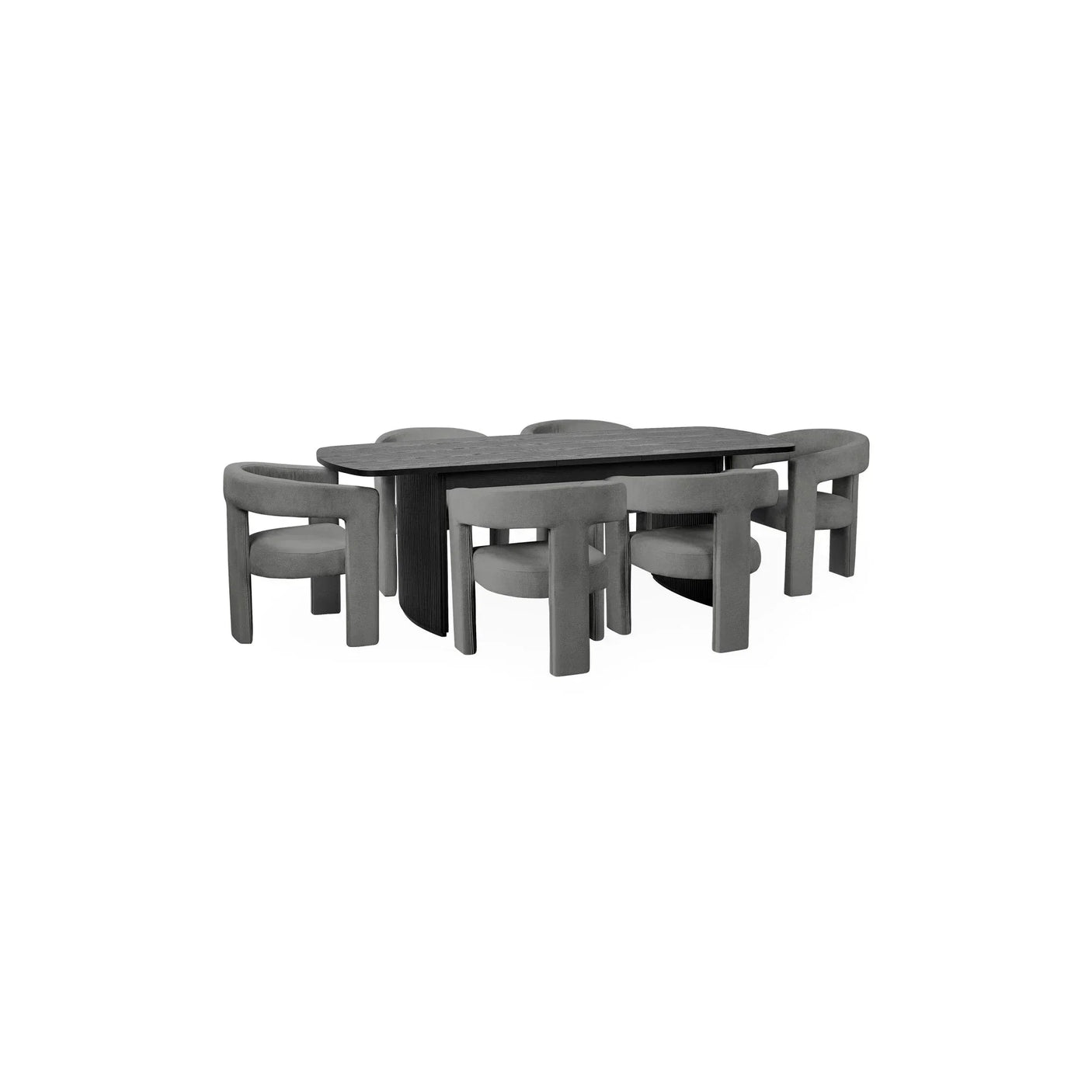 Modern grey dining table set with six curved dining chairs on white background