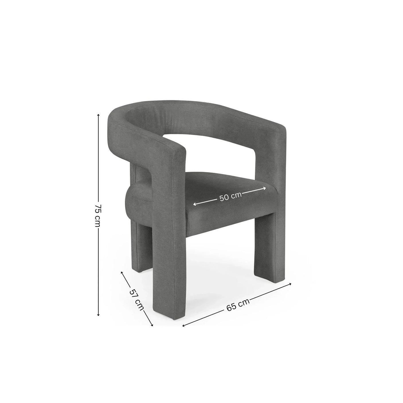 Grey velvet accent chair with curved backrest, showing seat width and overall dimensions